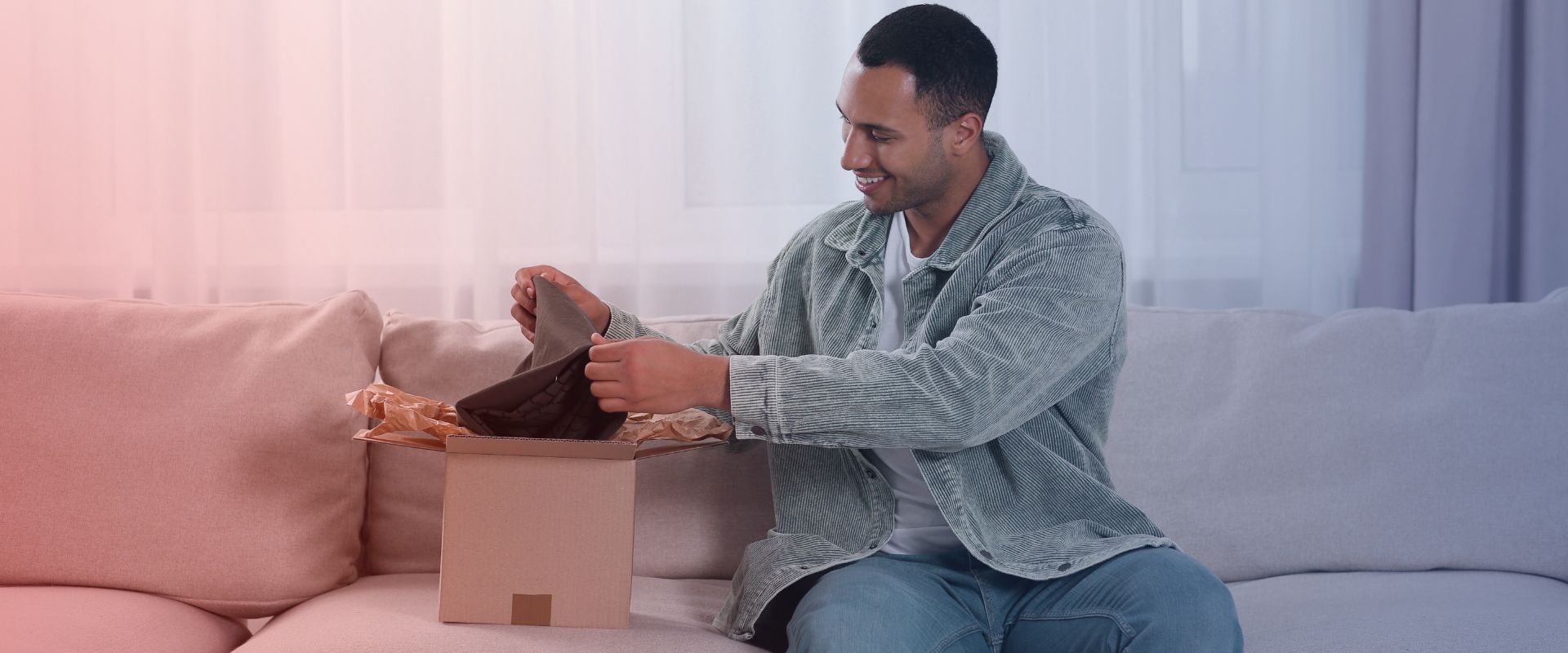 Um home sentado em um sofá, tirando de uma caixa uma encomenda.