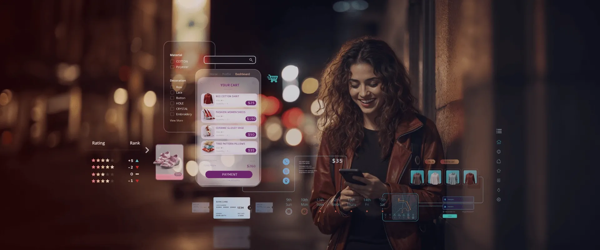 A imagem mostra uma mulher jovem em uma jaqueta de couro, olhando para seu telefone e sorrindo. Ela está em um ambiente urbano à noite. O telefone está exibindo um aplicativo de compras com um carrin…