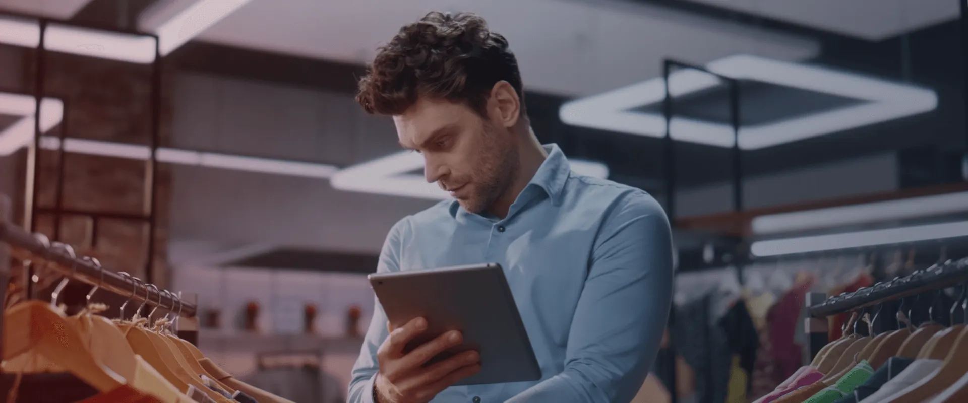A imagem mostra um homem usando uma camisa azul clara e olhando para um tablet cinza. Ele está em uma loja de roupas. Há roupas penduradas em cabides atrás dele e um rack de roupas atrás dele. A imag…