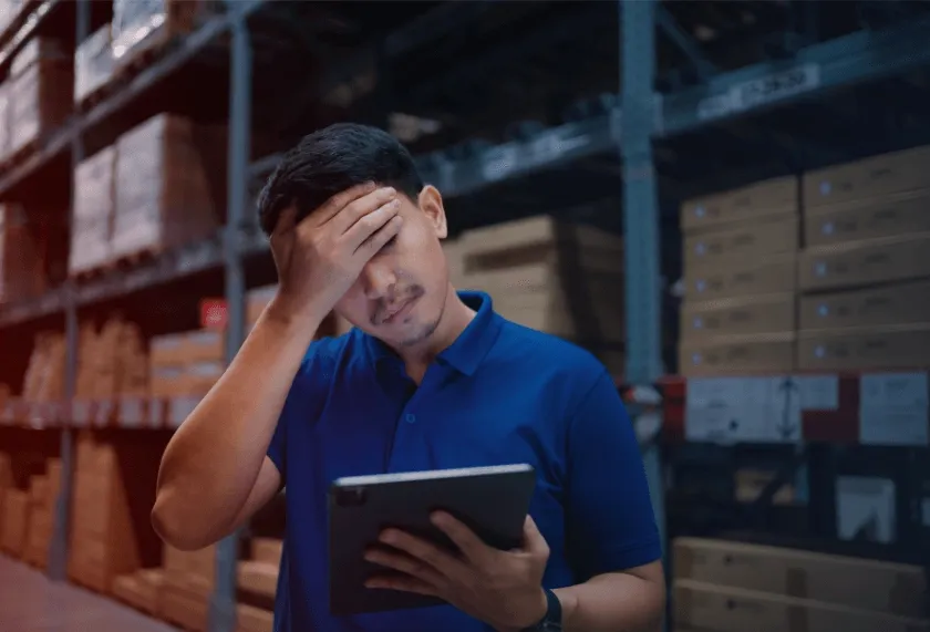 A imagem mostra um homem jovem usando uma camisa azul e segurando um tablet, com a mão na testa. Ele parece frustrado ou preocupado. Ele está em um armazém, com prateleiras cheias de caixas atrás del…