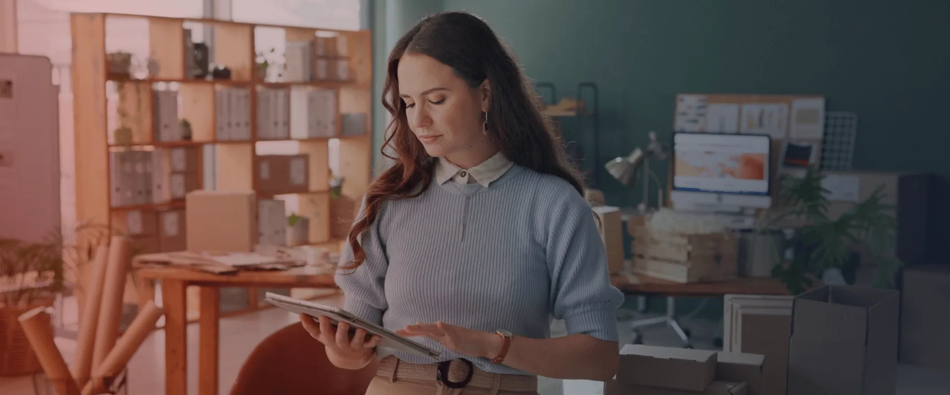 Uma jovem está de pé em seu escritório, segurando um tablet e olhando para ele. Ela está vestindo uma blusa azul e uma saia marrom, com um cinto. Ela está de pé perto de uma mesa com caixas e um comp…