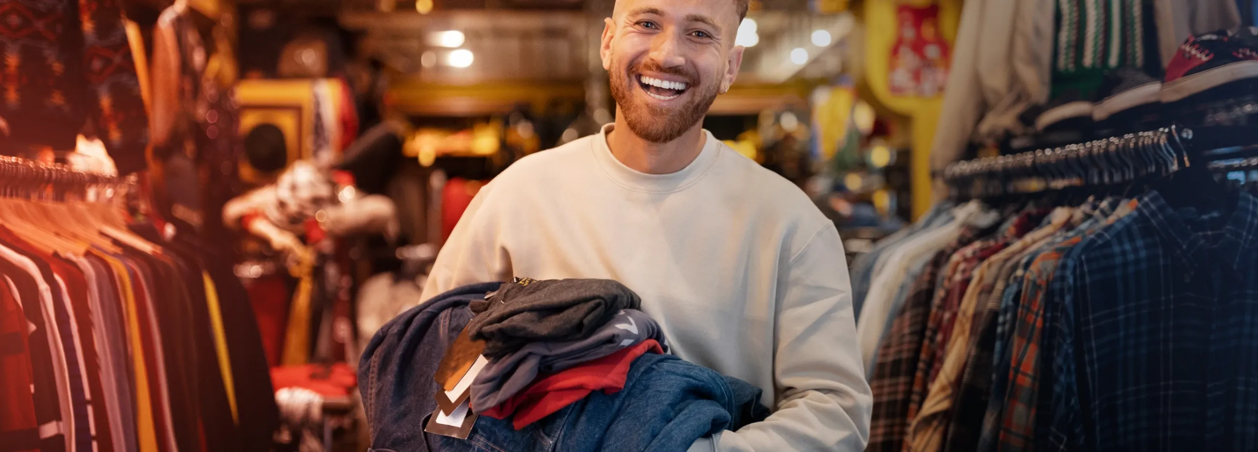 Um homem sorridente de barba e suéter creme está na frente de um vestuário cheio de roupa de uma loja.
