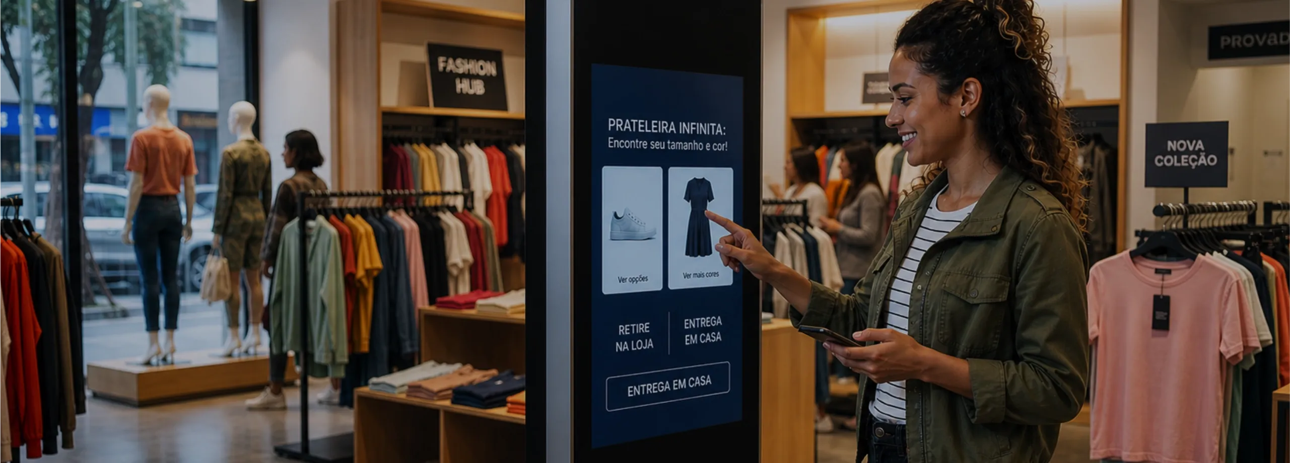 Cliente sorridente utiliza um terminal de autoatendimento em uma loja de moda. A tela exibe a mensagem 'Prateleira Infinita: Encontre seu tamanho e cor!' com opções de entrega em casa ou retirada na…