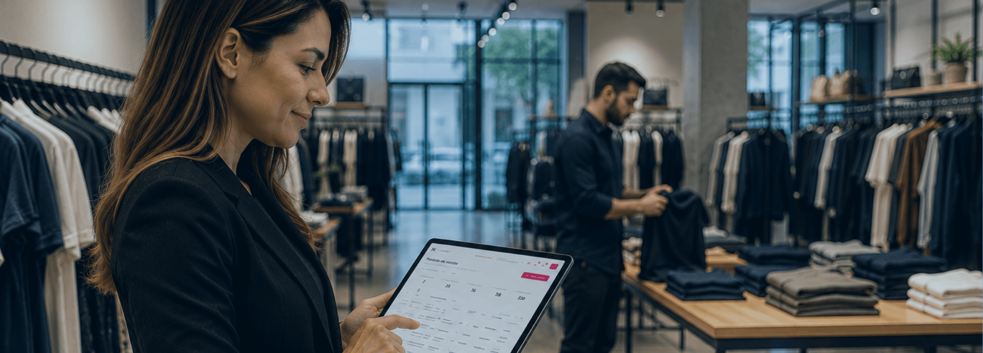 Mulher de terno preto usa um tablet em uma loja de roupas enquanto, ao fundo, um colega de trabalho dobra camisetas em uma mesa de exposição.
