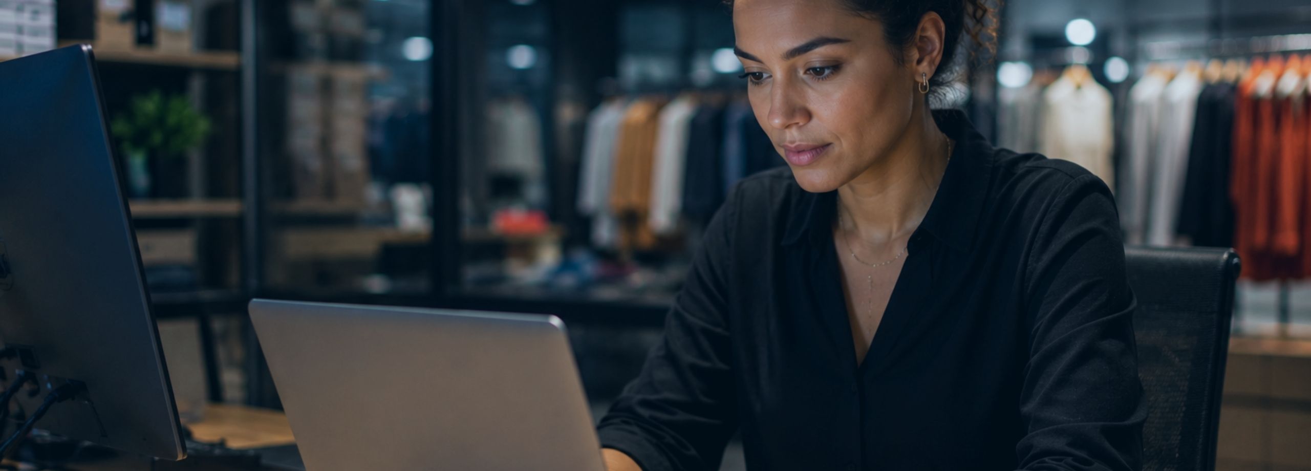 Uma mulher de cabelos cacheados e camisa preta trabalha concentrada digitando em seu notebook sobre uma mesa de madeira, com uma loja de roupas ao fundo.